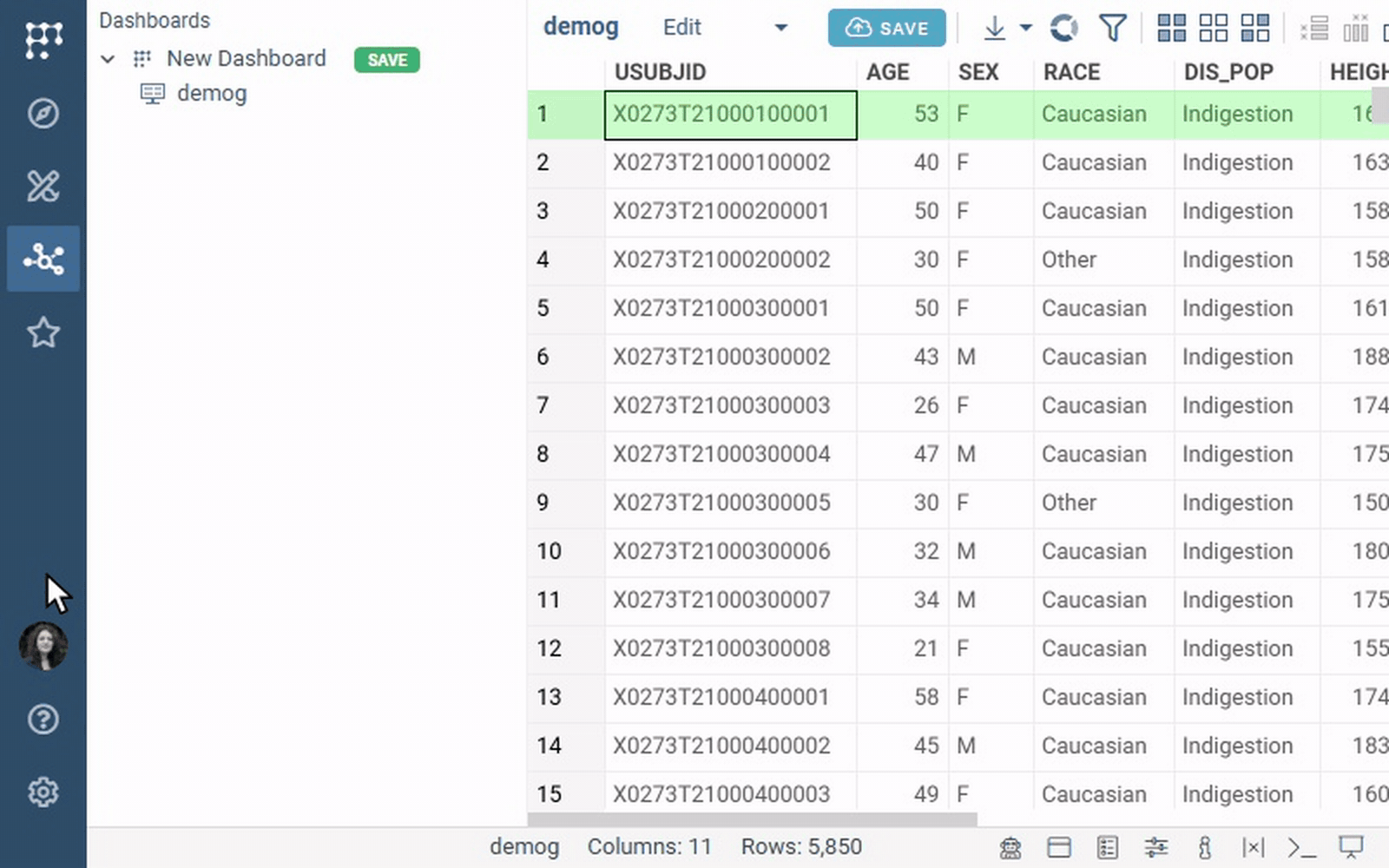 Open tables in the Dashboards panel