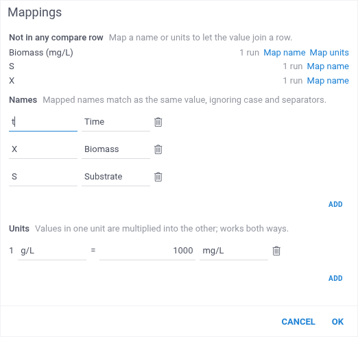 The Mappings dialog with three name mappings and a unit mapping